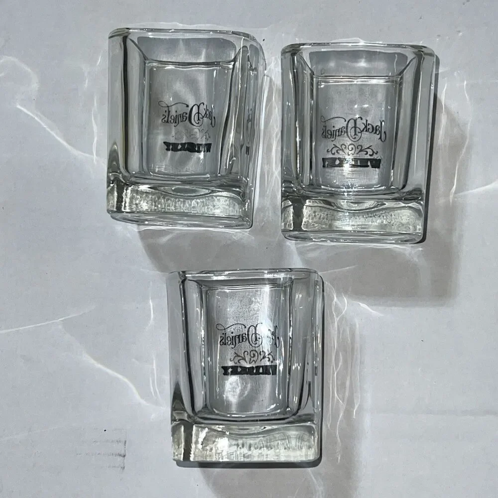 Jack Daniels Whiskey Square Rocks Glasses Black & Gold Graphics Set of 3 New
